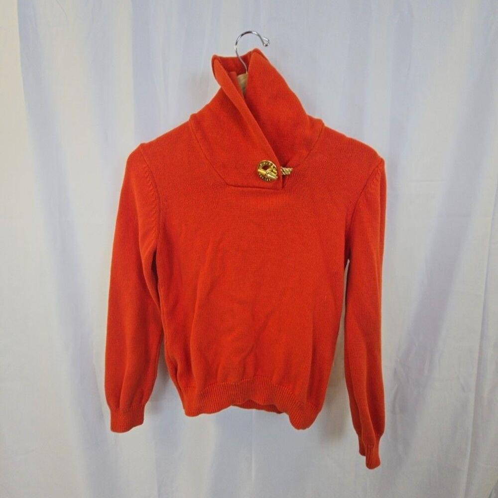 Lauren Ralph Lauren Sweater Womens Medium Orange Turtleneck Logo Button Pullover